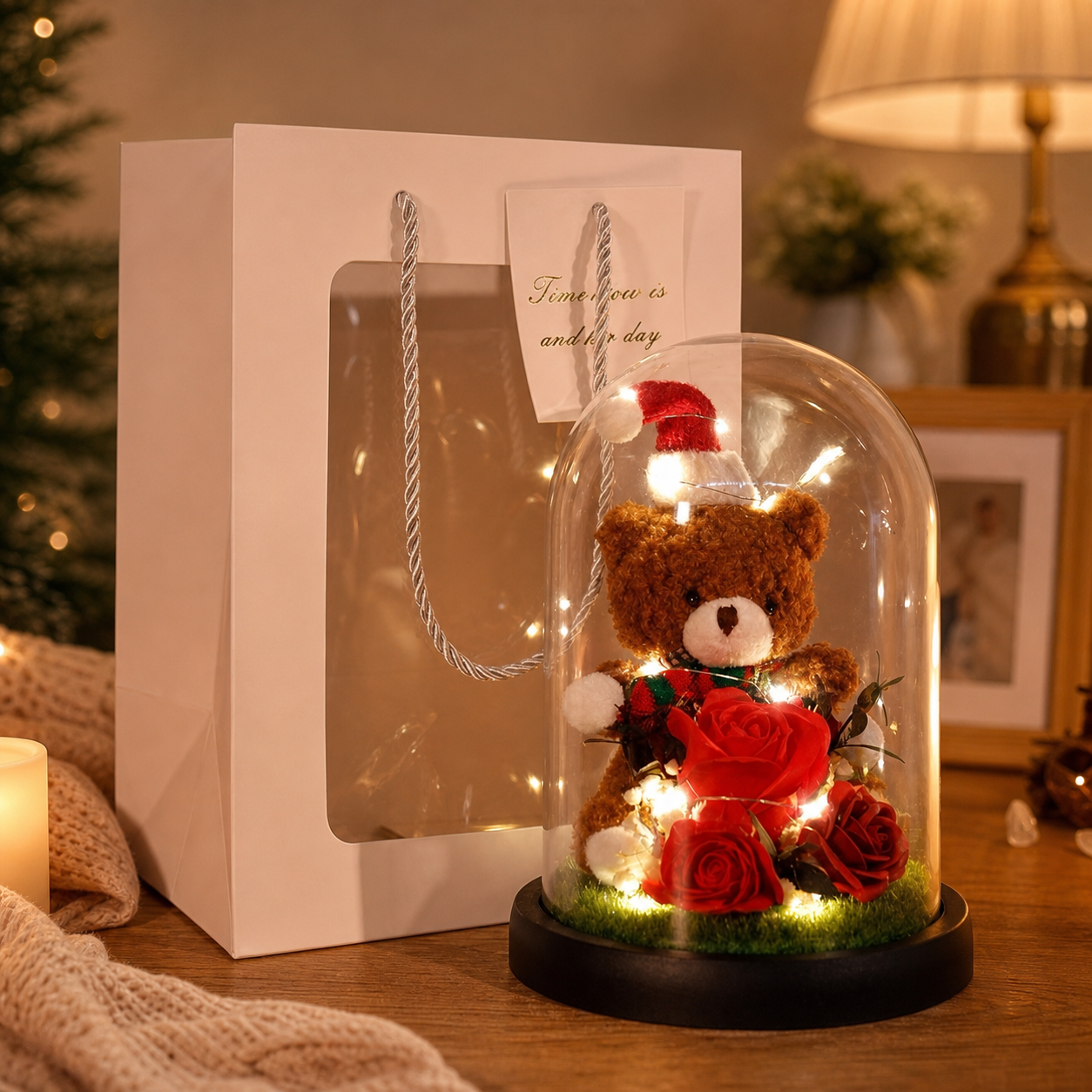 LED Glass Dome Teddy Bear Preserved Rose Figurine