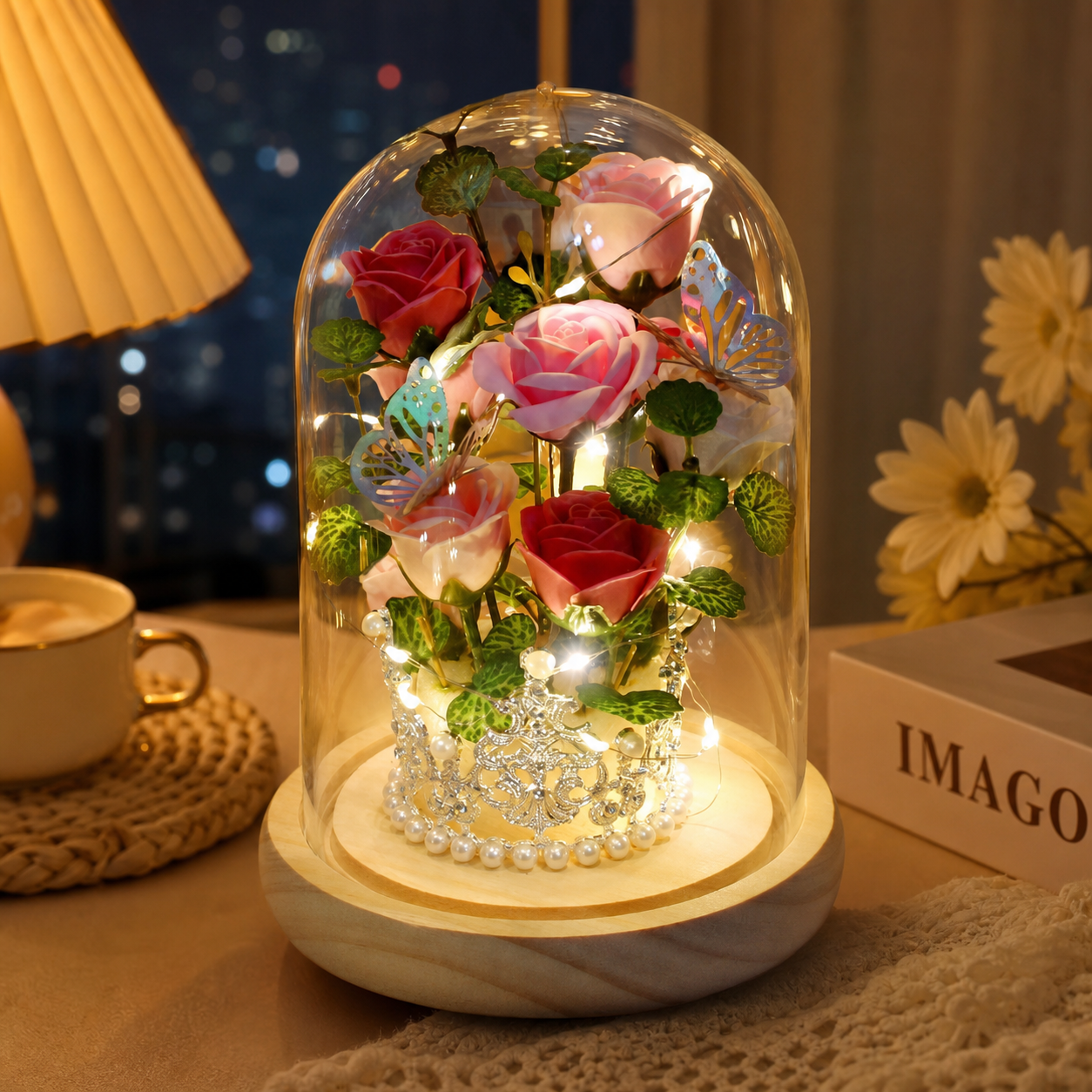 Crown Glass Dome Preserved Rose Figurine