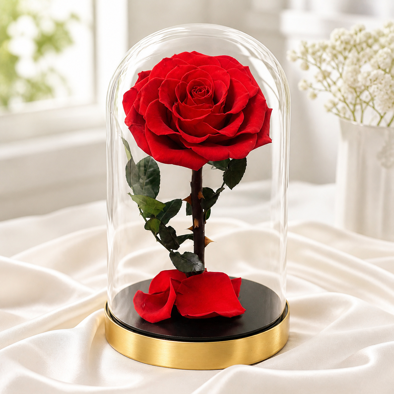 Metal Base Glass Dome Preserved Rose Figurine