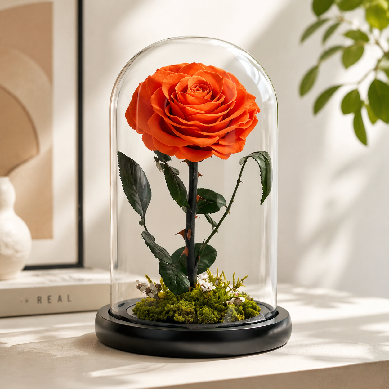 Glass Dome Preserved Rose Figurine with Natural Moss