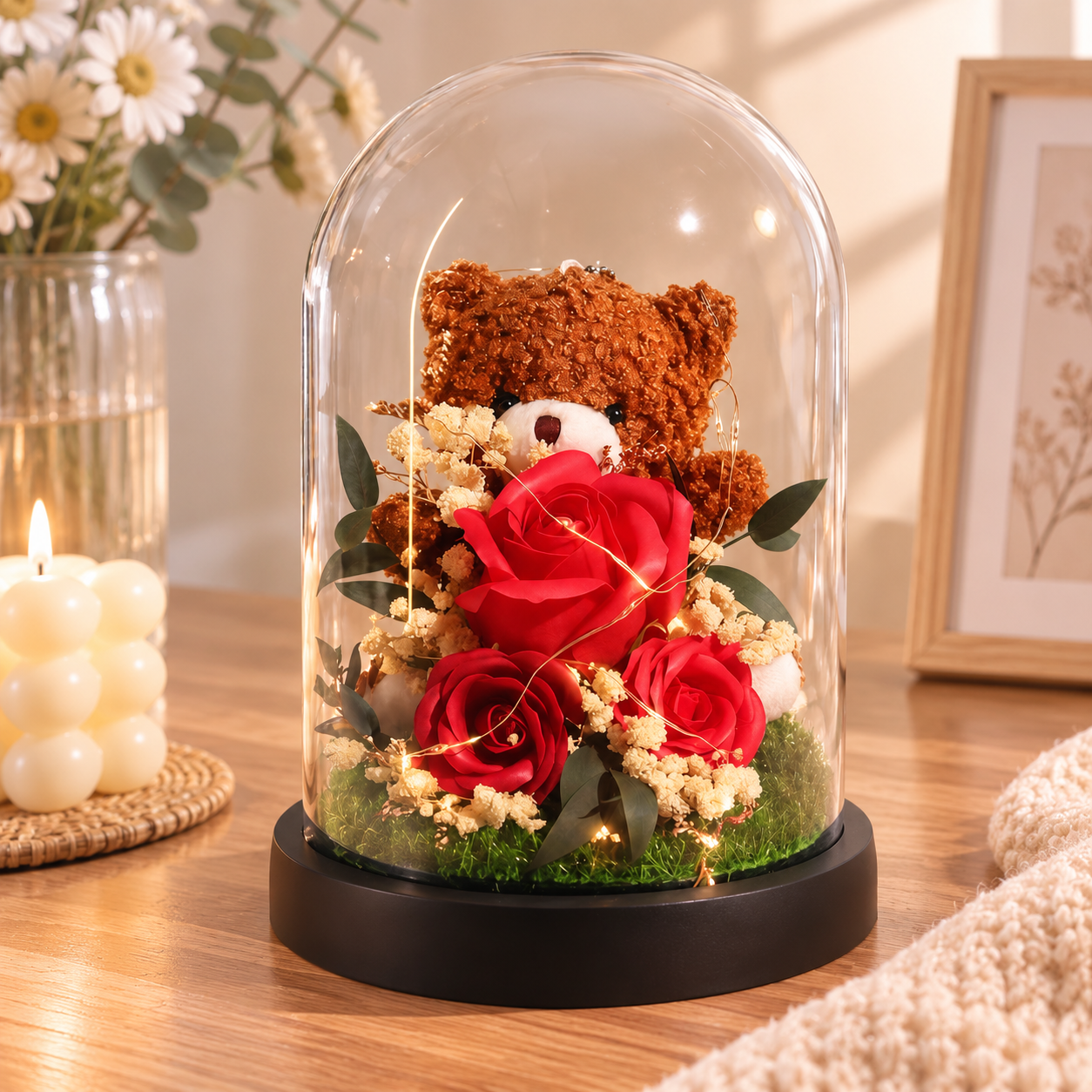 LED Light-Up Teddy Bear Preserved Rose Glass Dome Figurine