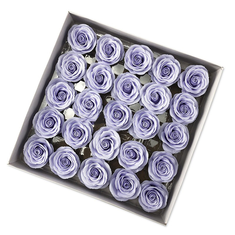 Tray of rose heads in purple and lavender tones