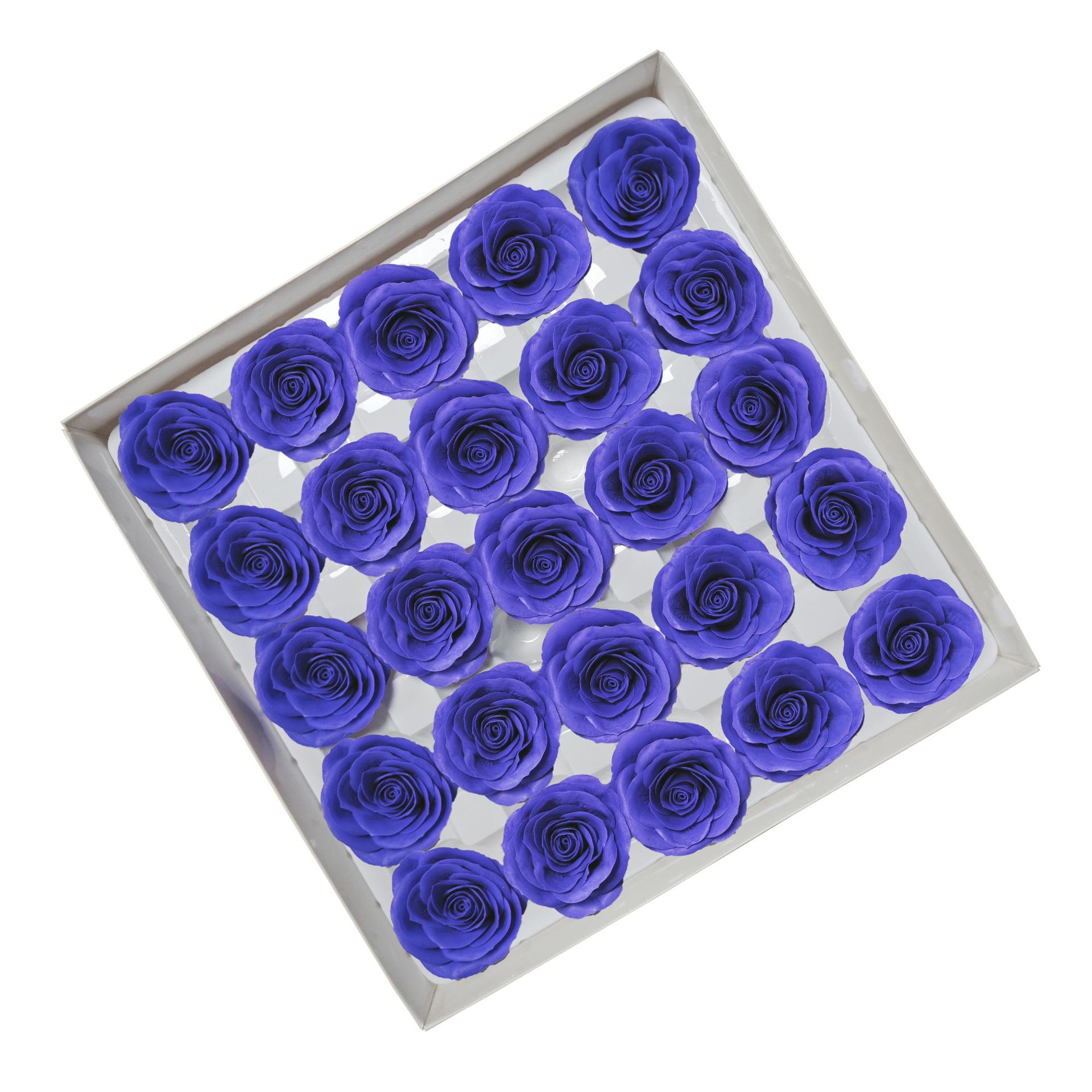 Tray of rose heads in blue and teal tones