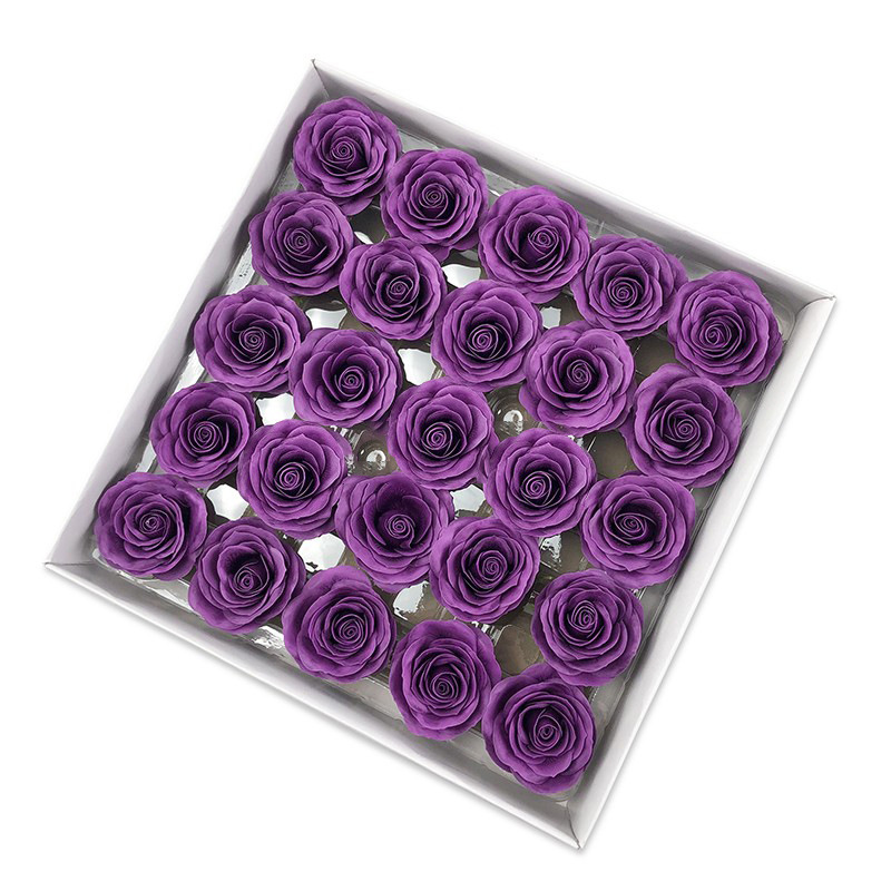 Tray of rose heads in purple and lavender tones