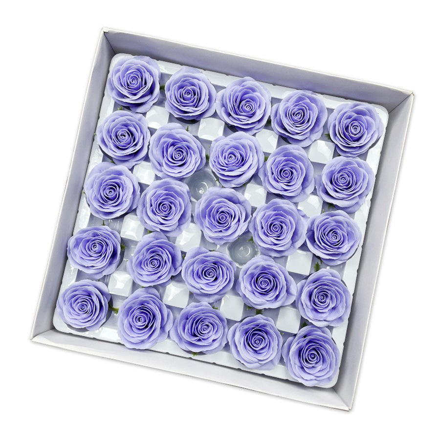 Tray of rose heads in purple and lavender tones