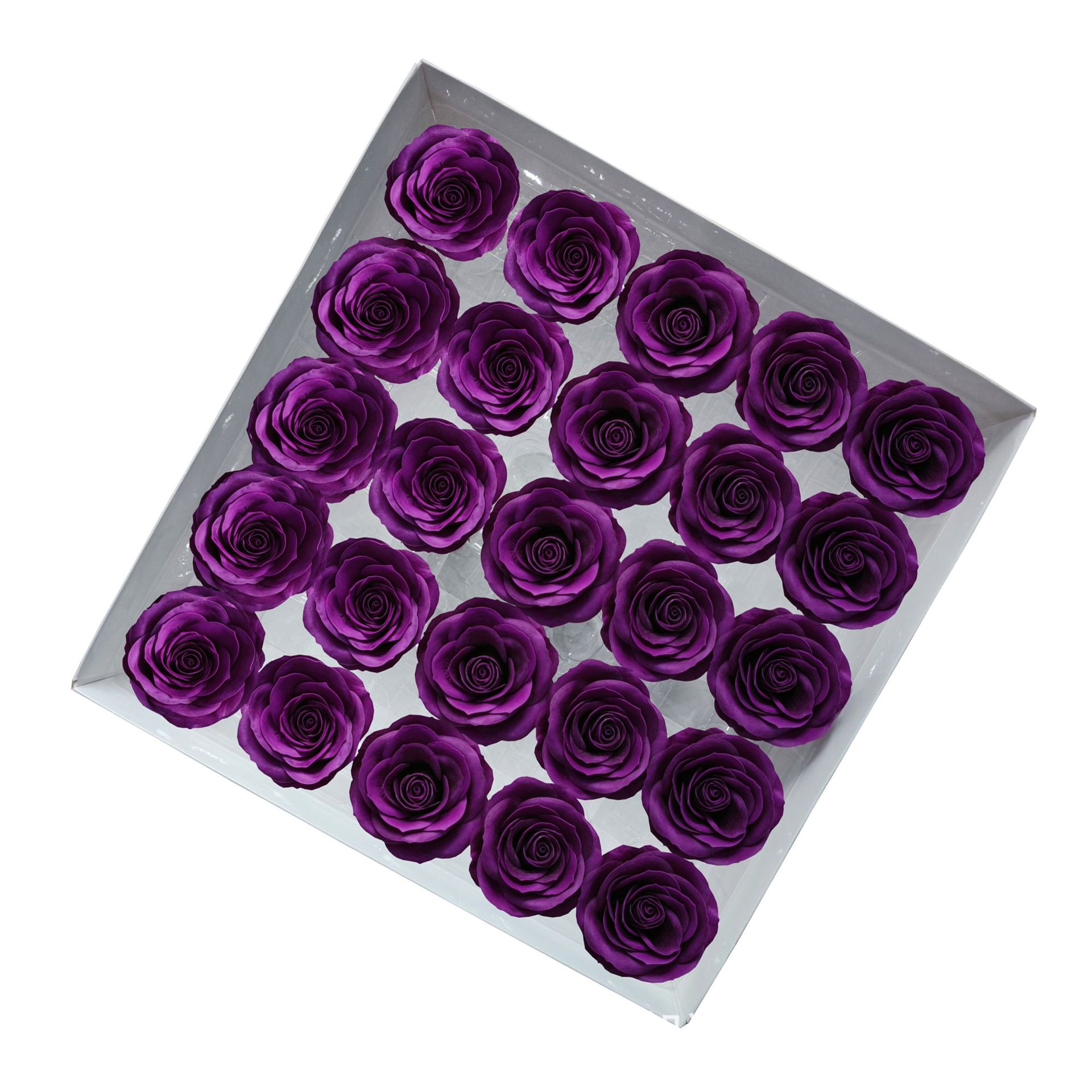 Tray of rose heads in purple and lavender tones