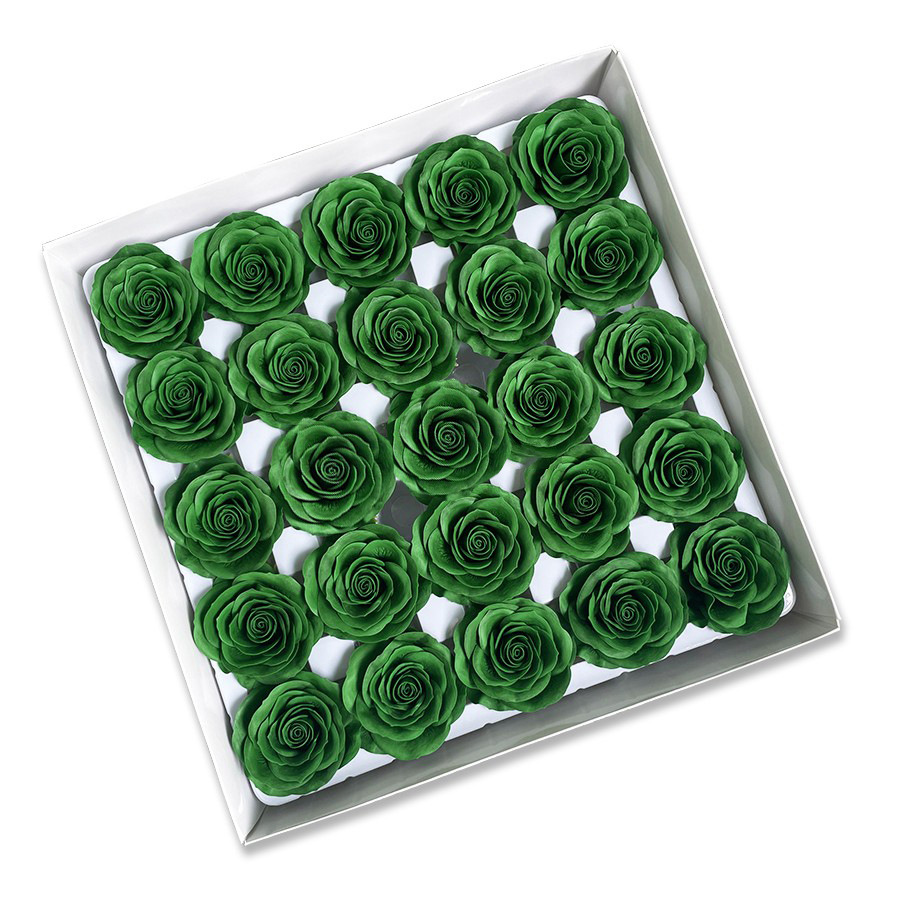 Tray of rose heads in green tones