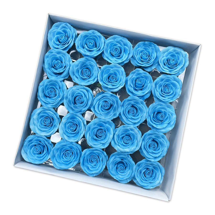 Tray of rose heads in blue and teal tones