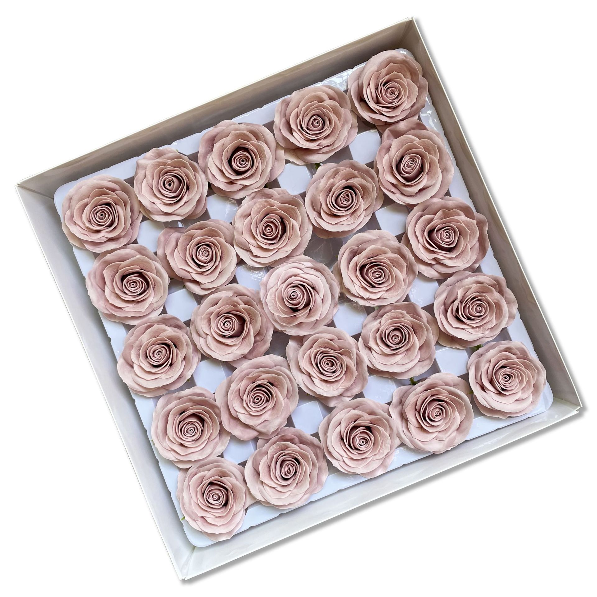 Tray of rose heads in neutral and deep shades