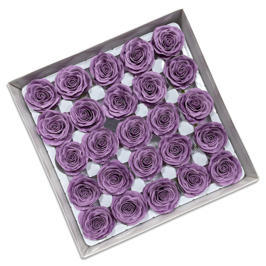 Tray of rose heads in purple and lavender tones