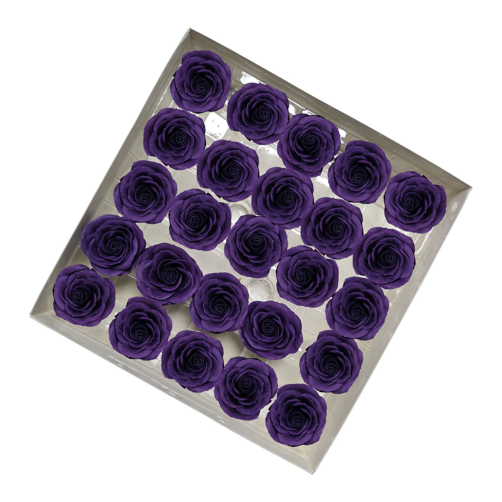 Tray of rose heads in purple and lavender tones
