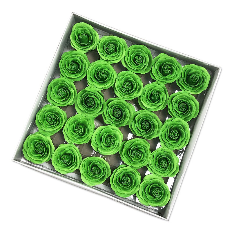 Tray of rose heads in green tones
