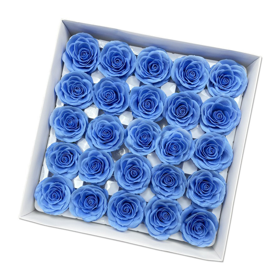 Tray of rose heads in blue and teal tones