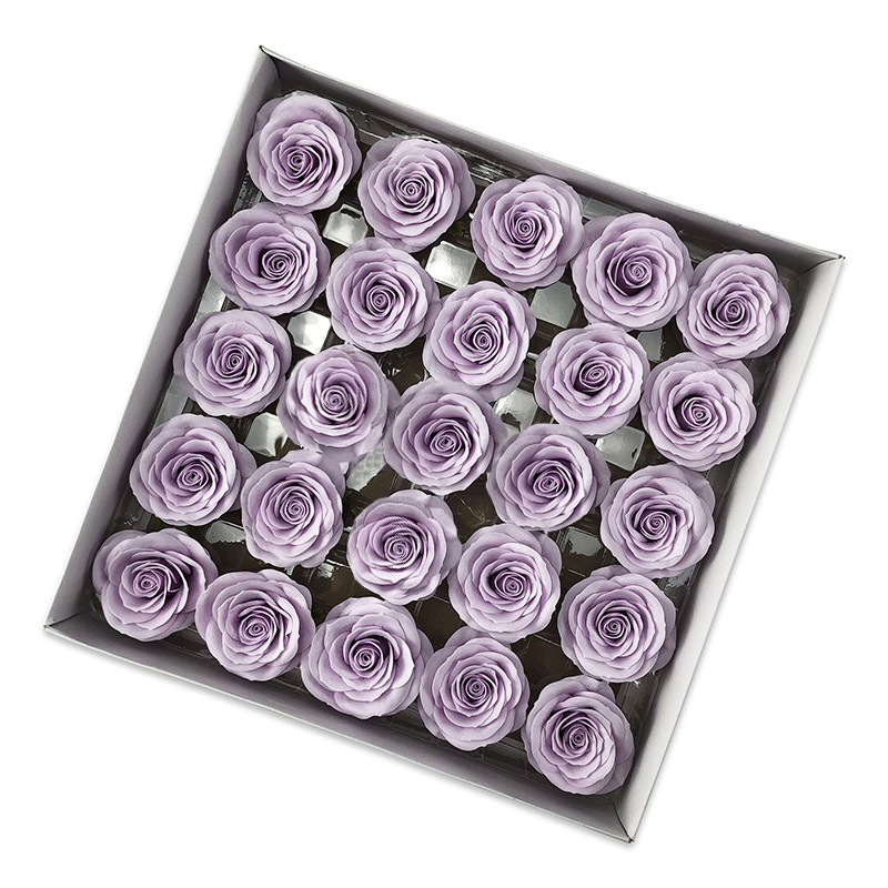 Tray of rose heads in purple and lavender tones