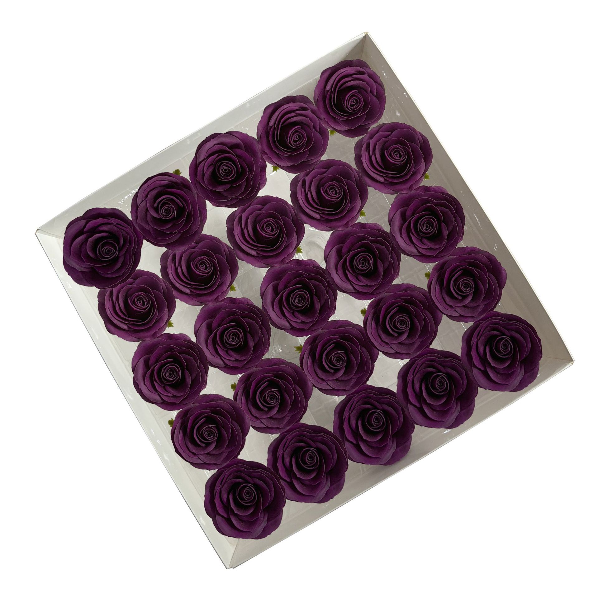 Tray of rose heads in purple and lavender tones