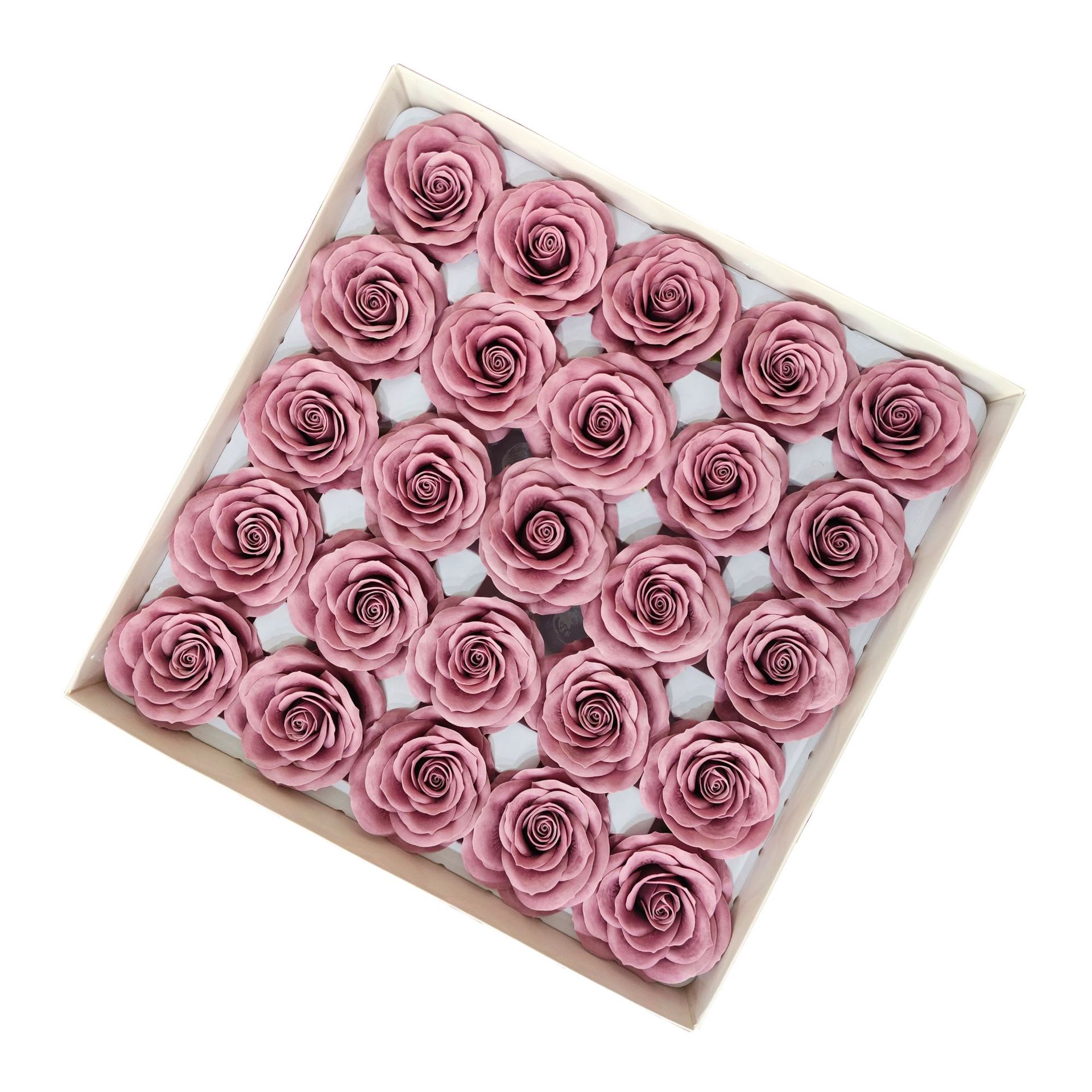 Tray of rose heads in pink and red tones