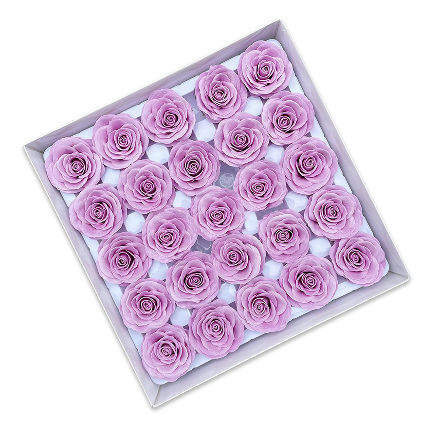 Tray of rose heads in purple and lavender tones