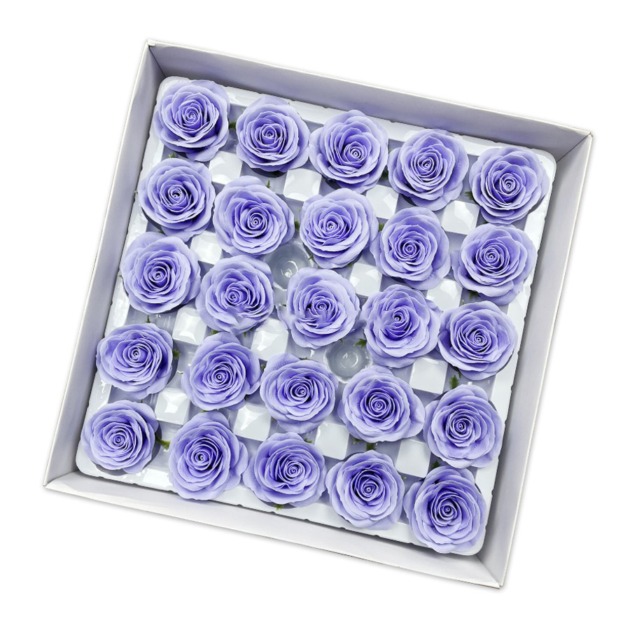Tray of rose heads in purple and lavender tones