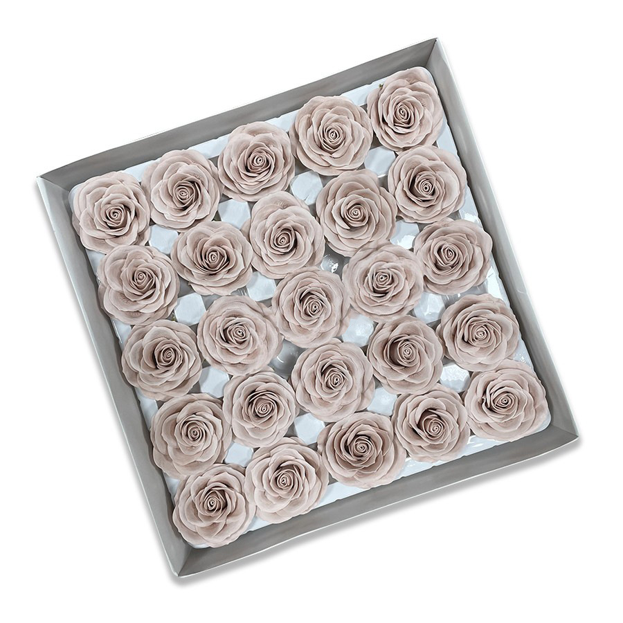 Tray of rose heads in neutral and deep shades