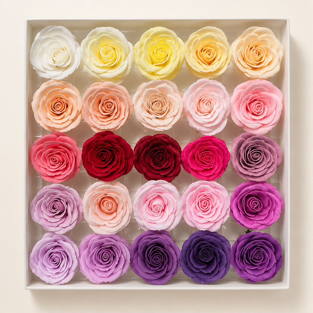 Tray of roses showing a mixed colour palette