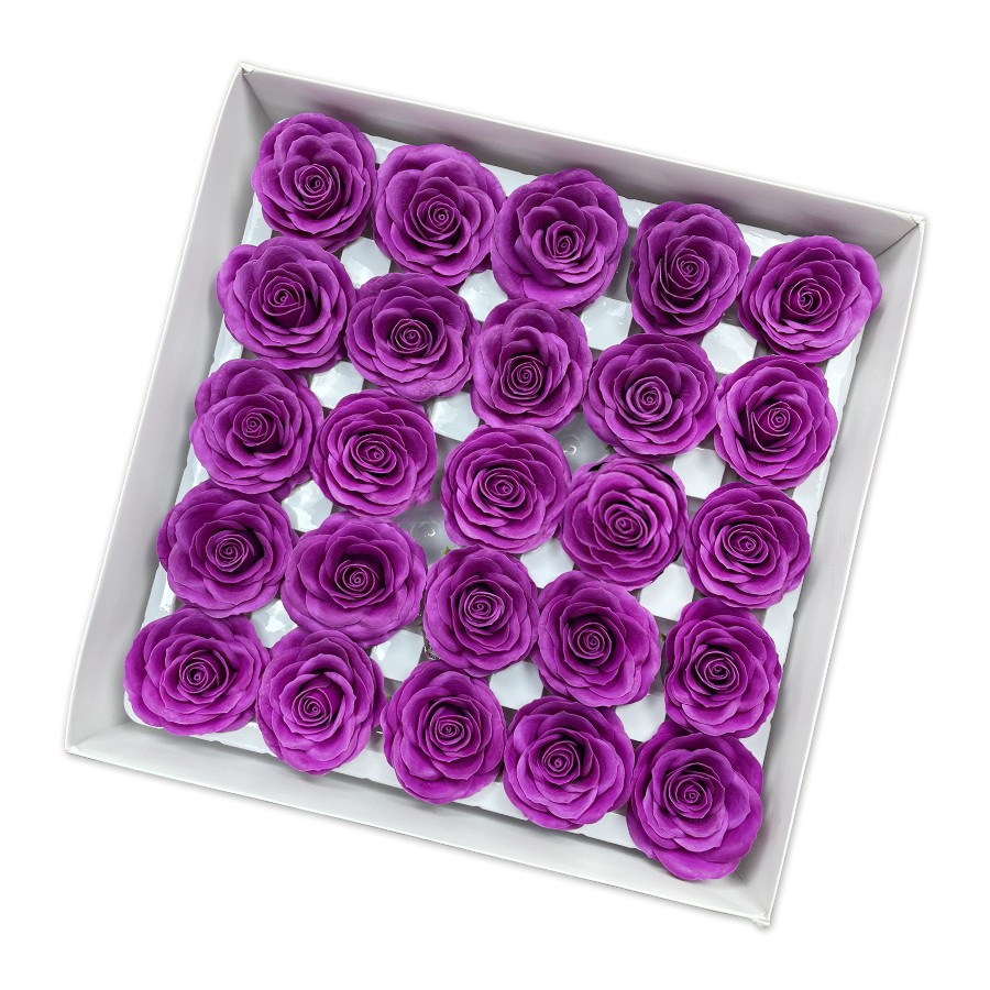 Tray of rose heads in purple and lavender tones