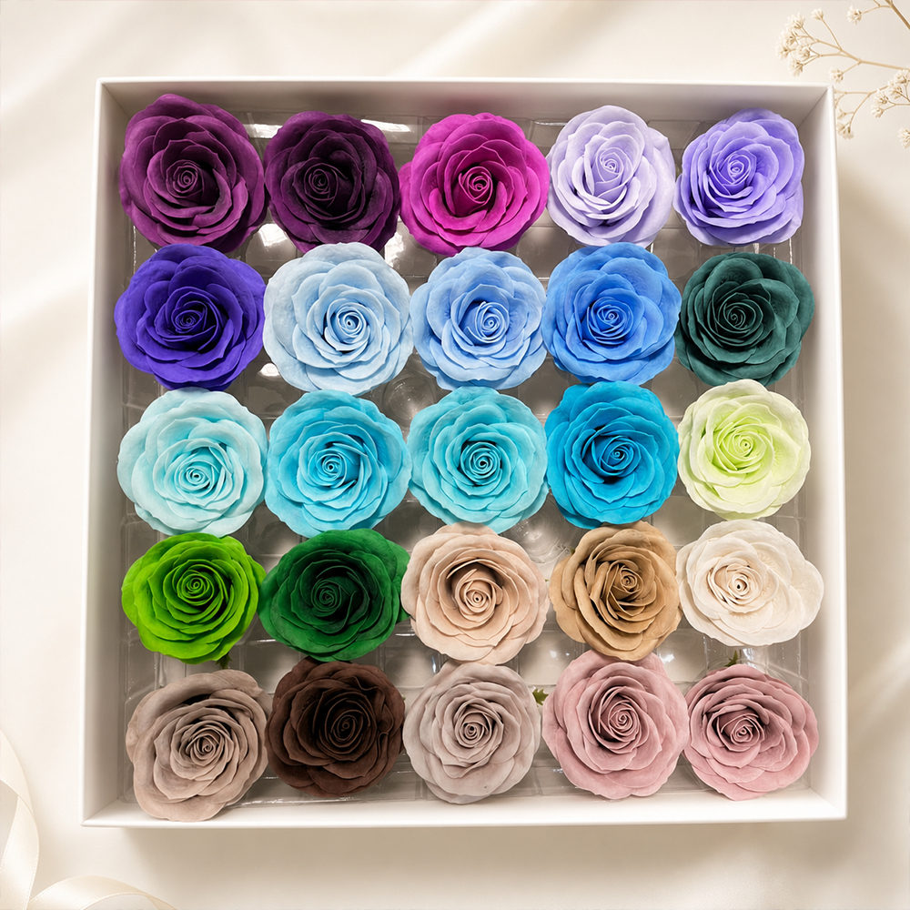 Tray of roses showing a mixed colour palette