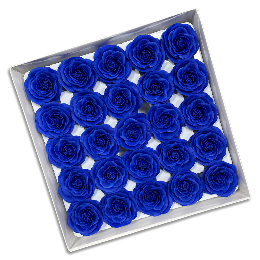 Tray of rose heads in blue and teal tones