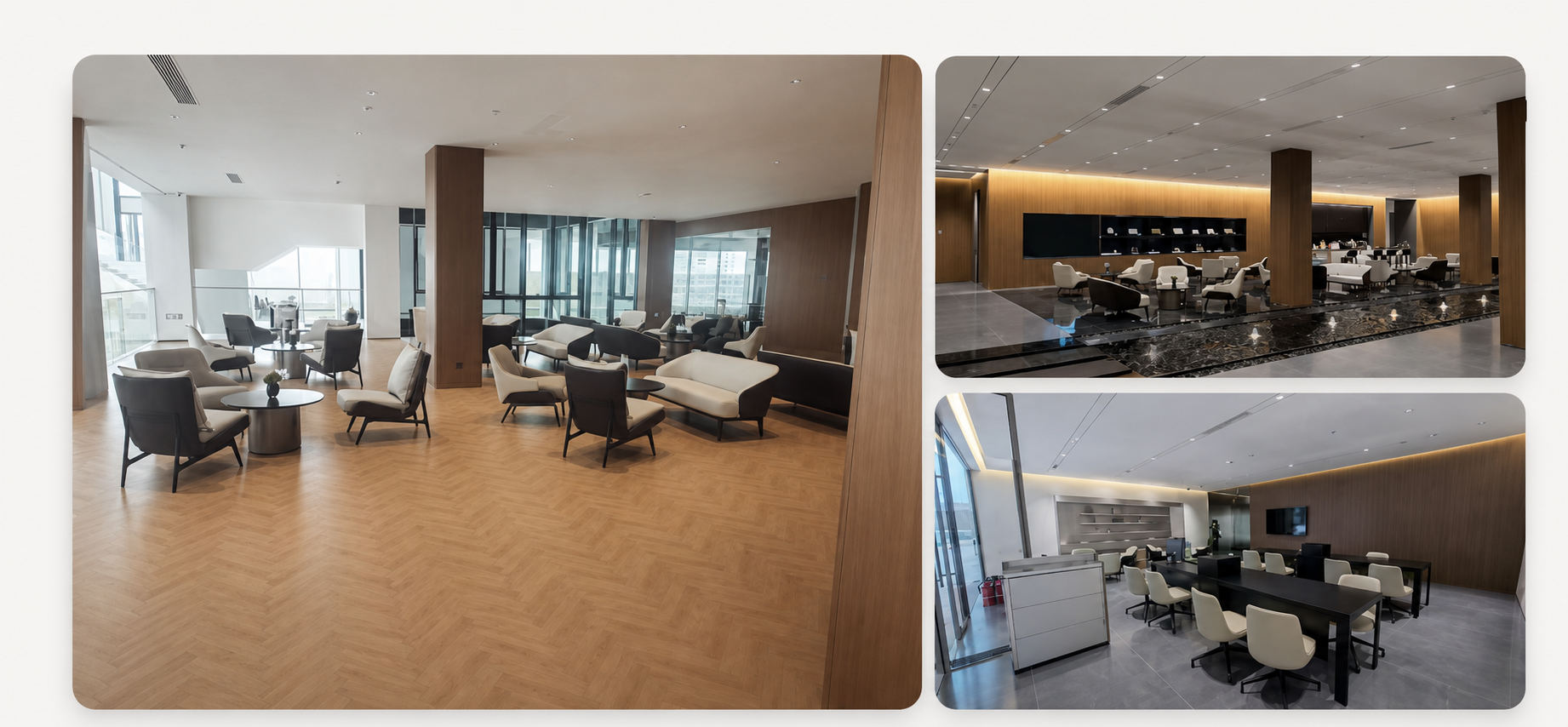 IMIX decorative wall-panel applications in a lounge, showroom, and meeting room