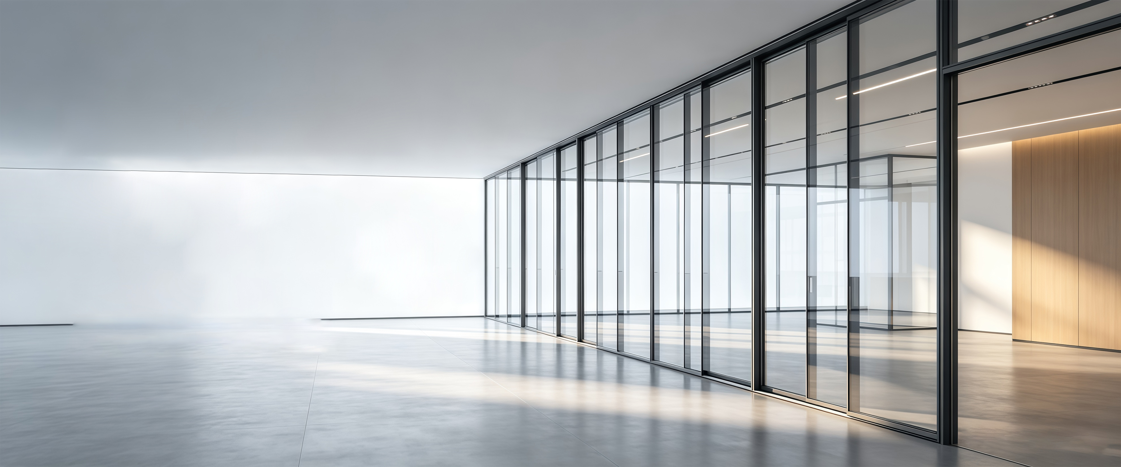 Conceptual view of a long aluminum-framed glass partition wall running through a bright open floor