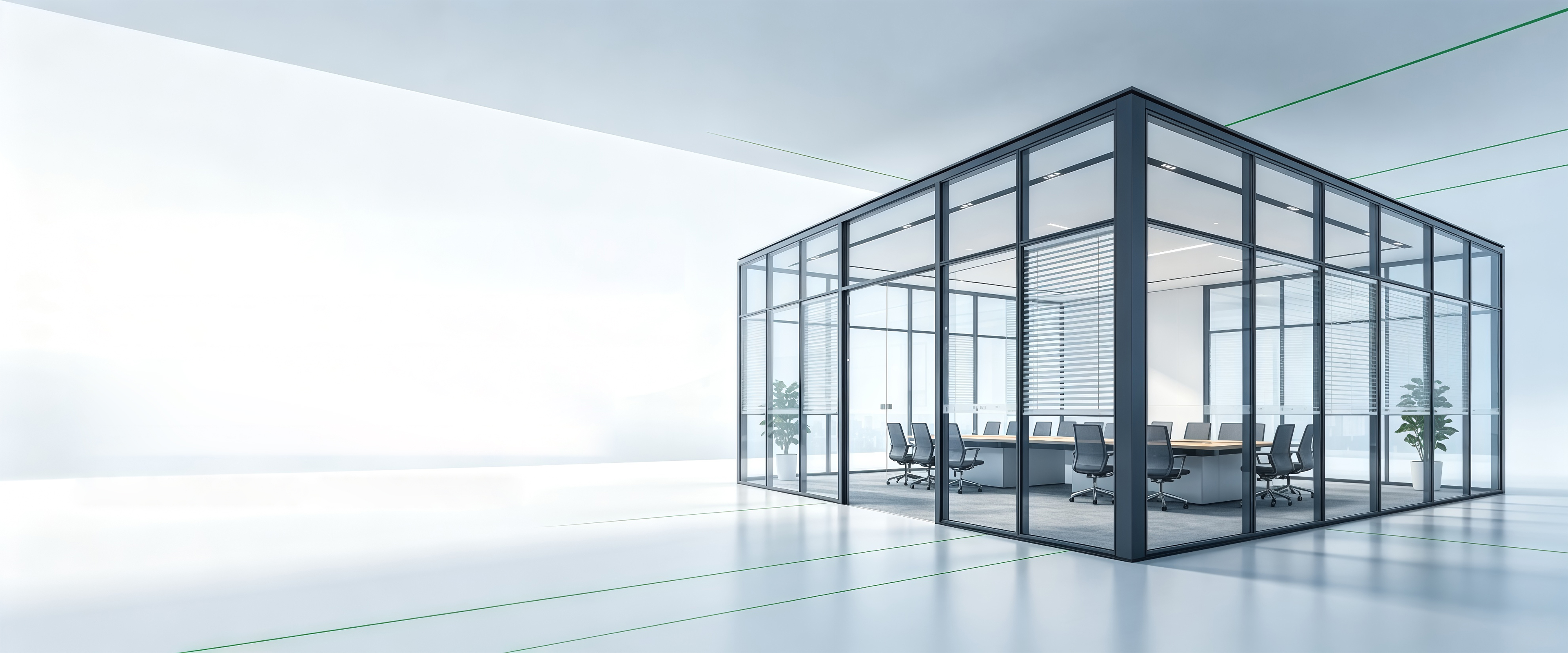 Conceptual glass meeting room with a dark aluminum frame standing in a bright open space