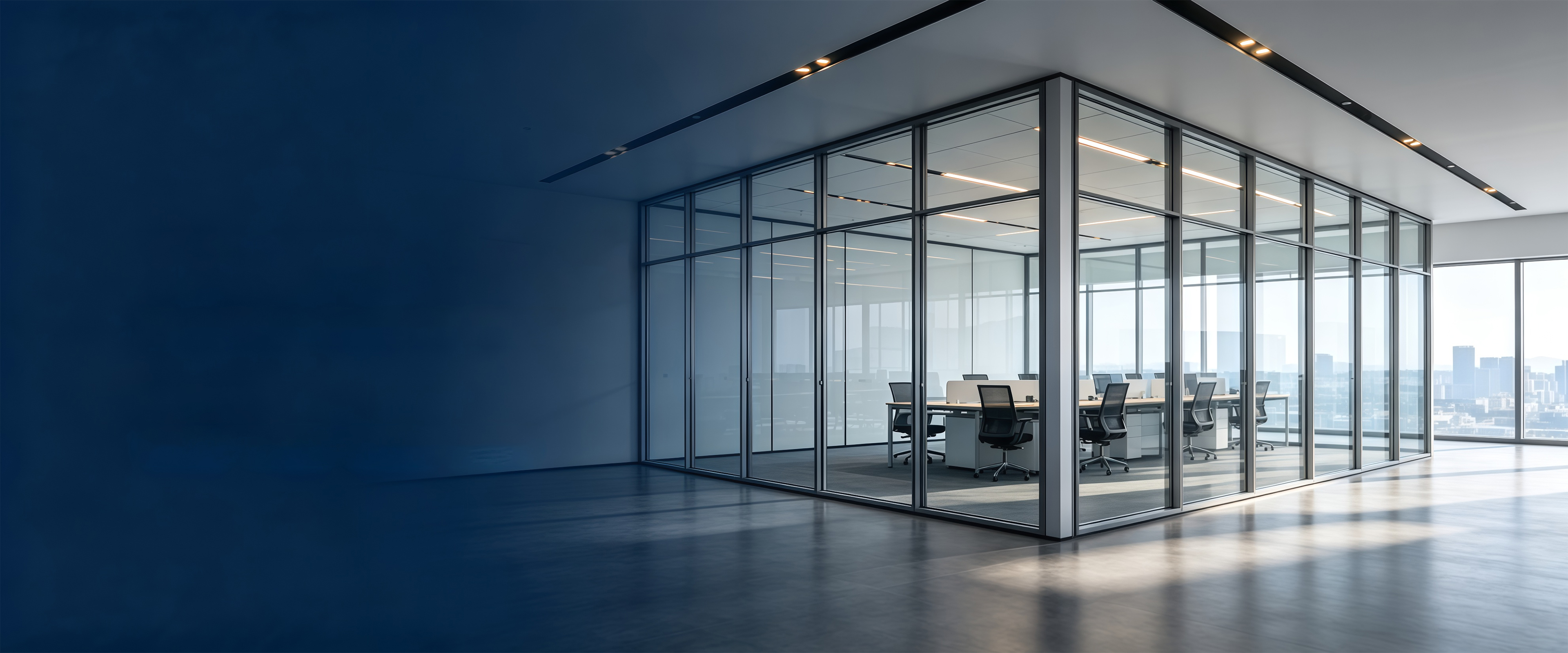 Conceptual glass-walled office corner with a city view beyond, seen from a dark blue interior