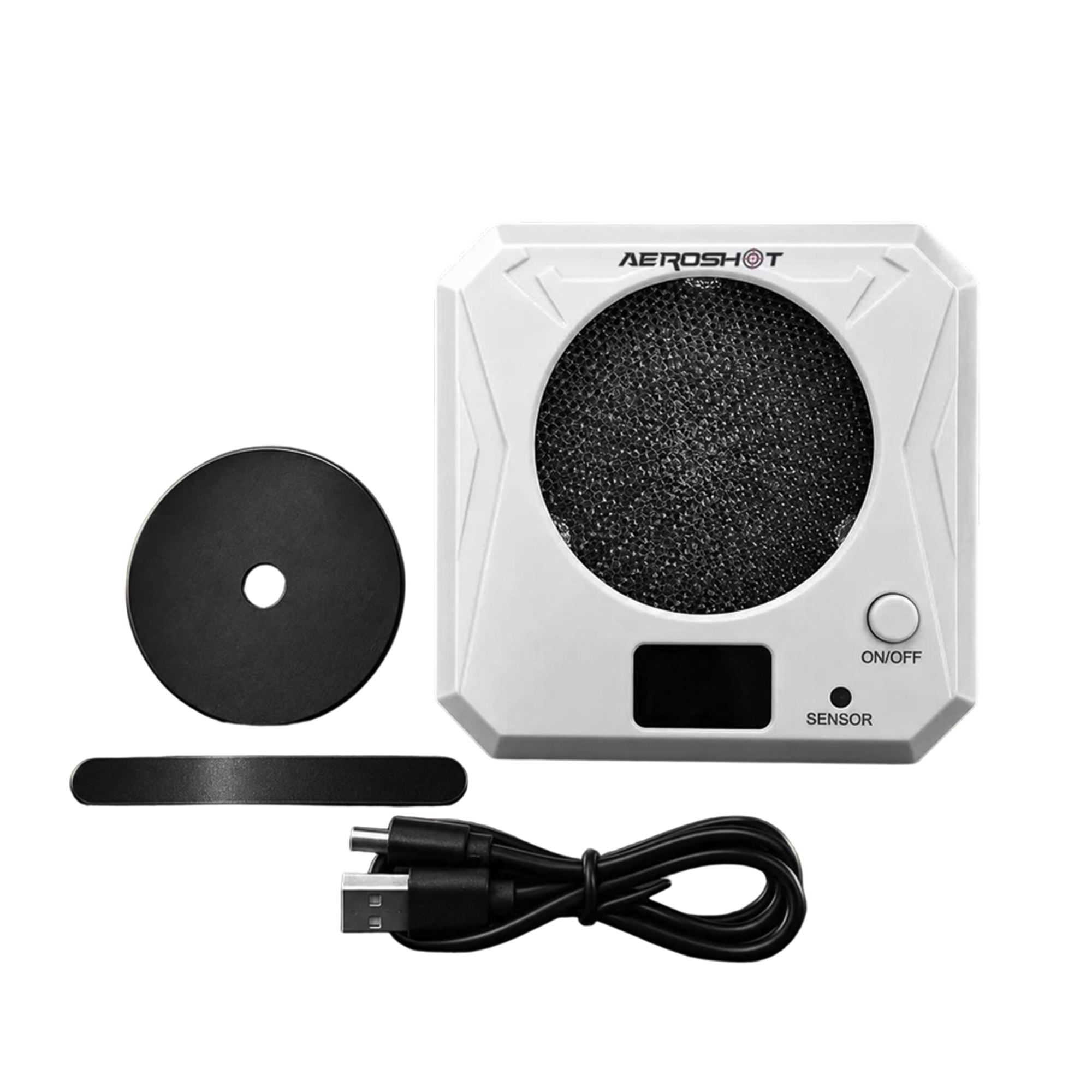 AEROSHOT electronic laser target in white with a round sensor face, shown with a black disc, strap and USB cable