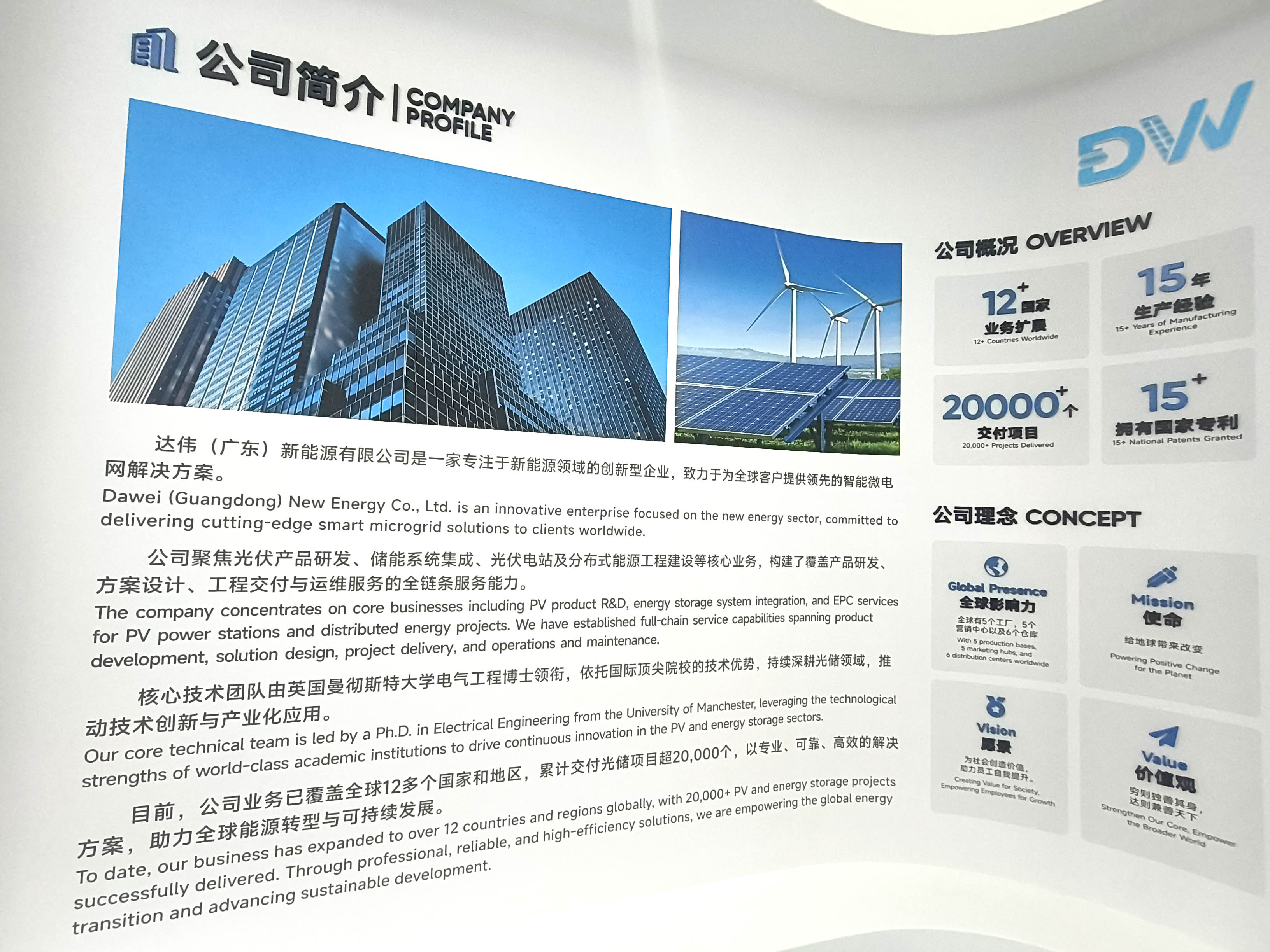 Wall display introducing Dawei New Energy and its business activities.