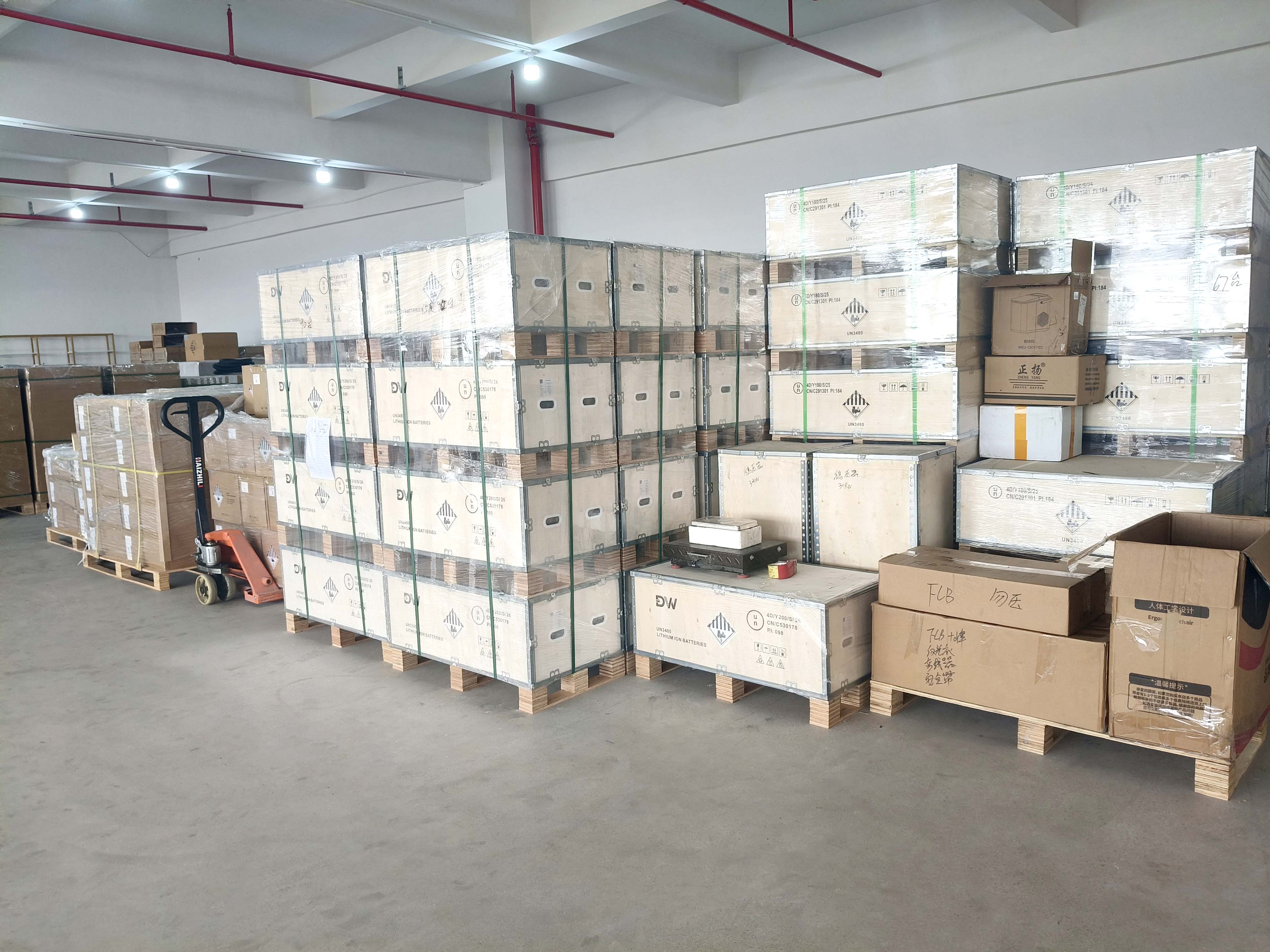 Crated and packed units arranged in the facility warehouse.