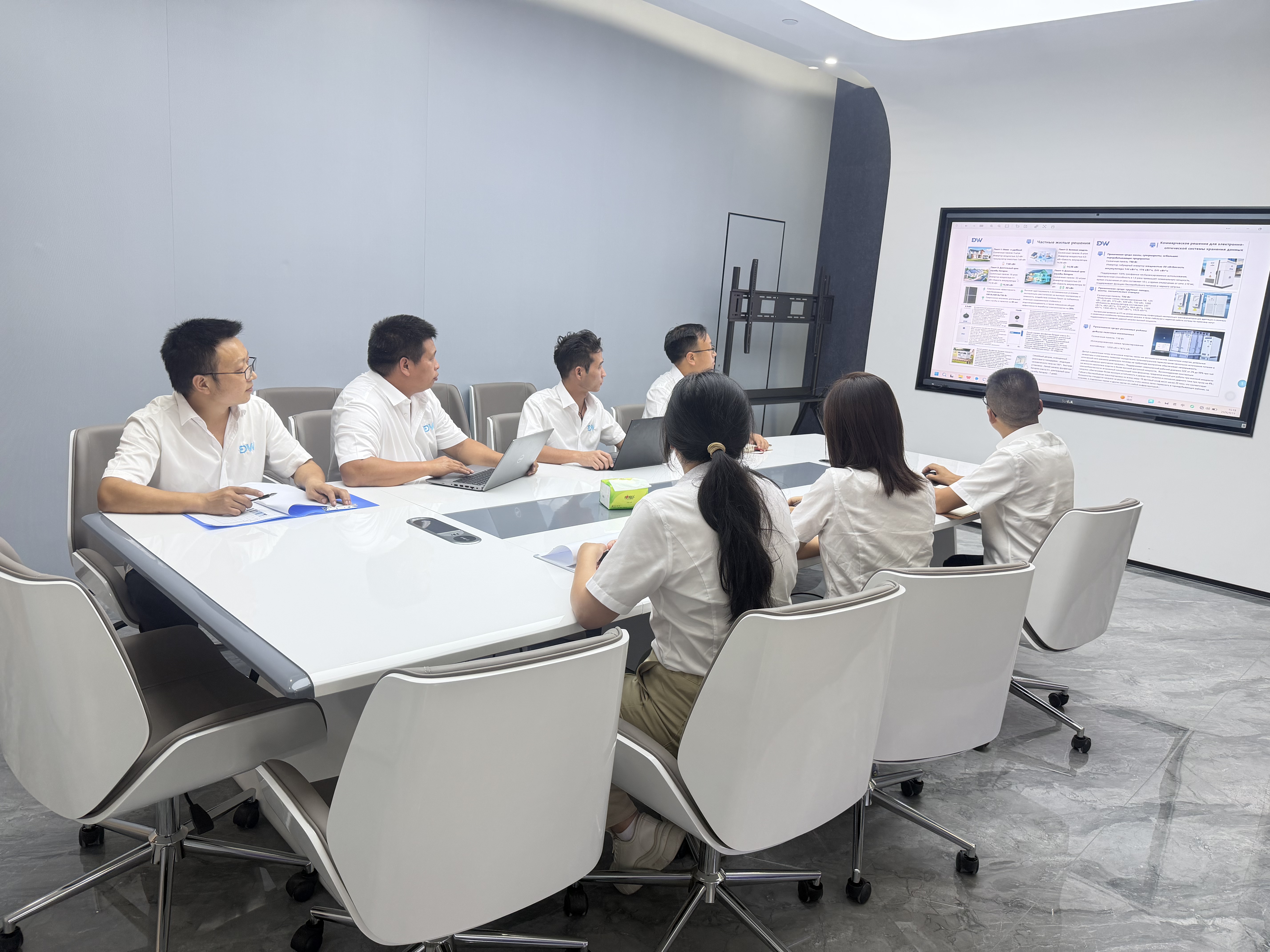DW project team reviewing solar and storage solution proposals in a meeting room