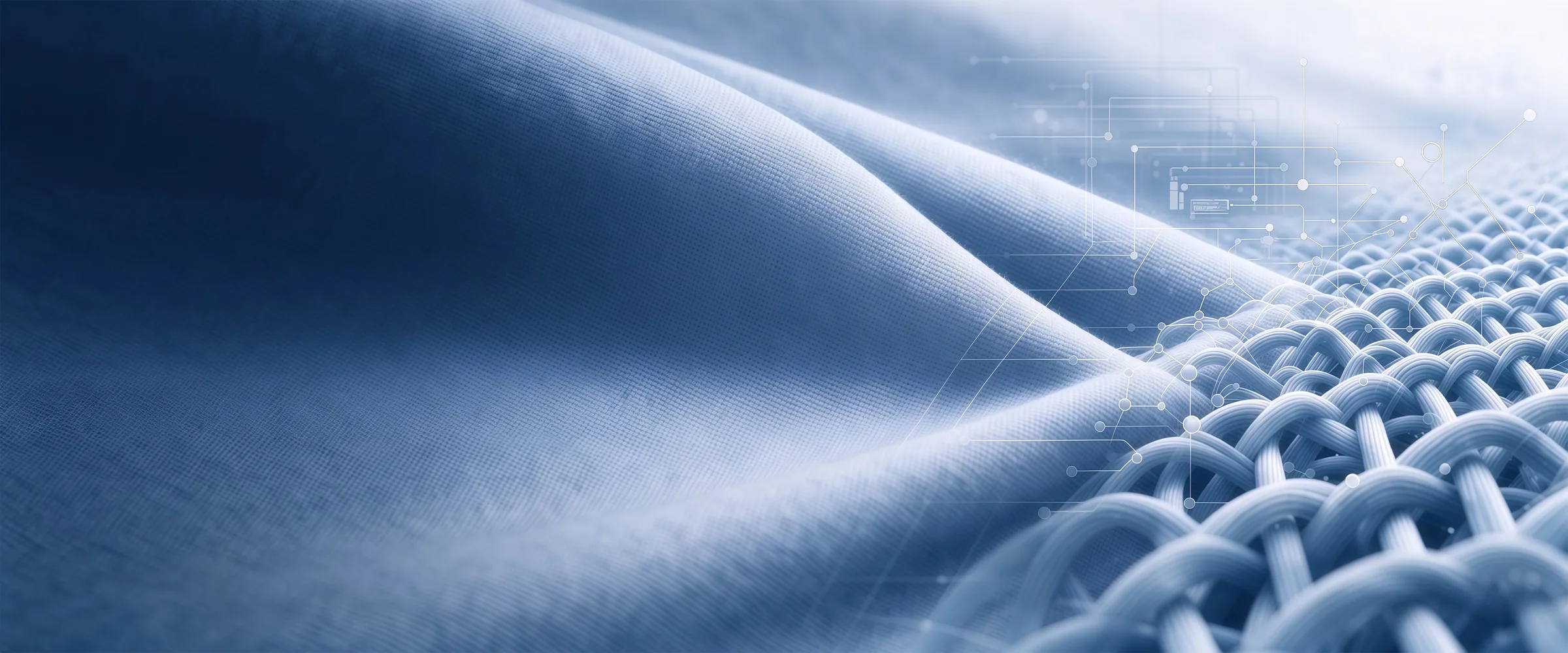 Soft folds of pale blue woven fabric beside a close view of the weave