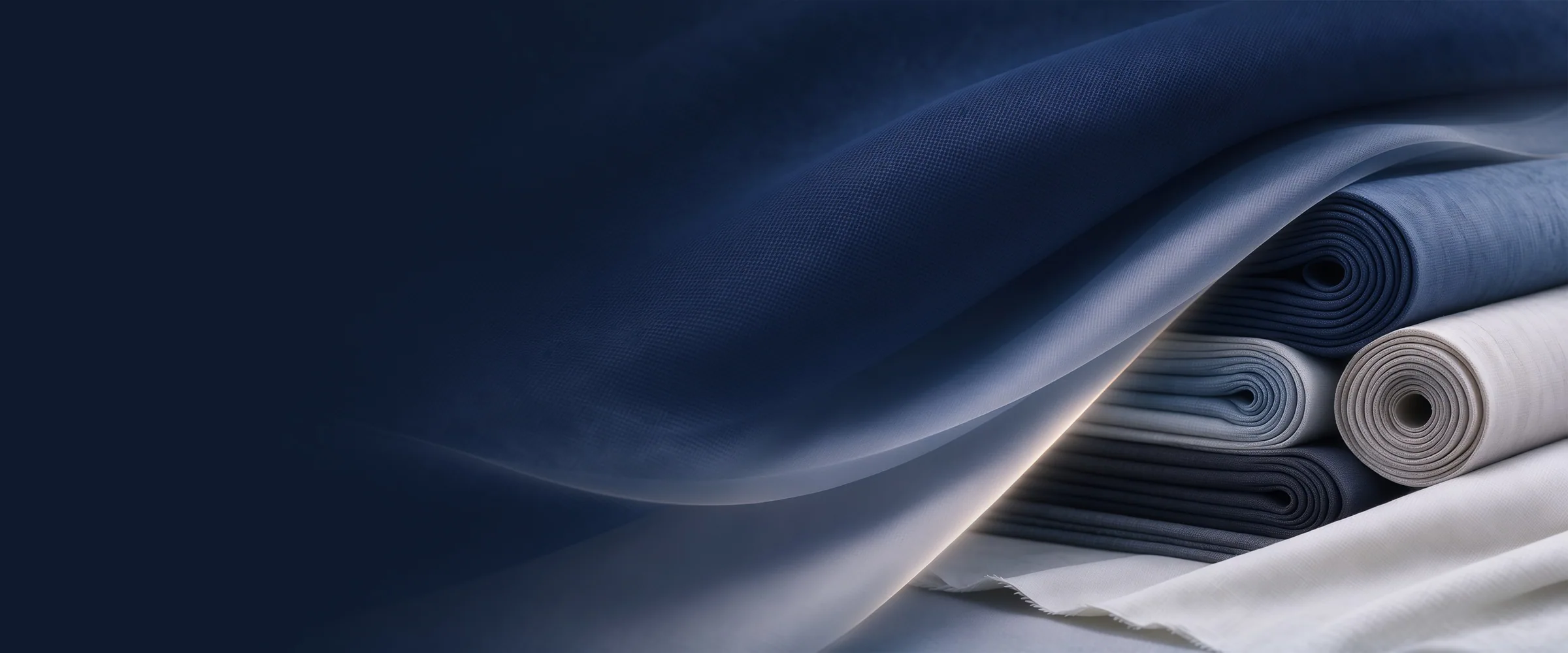 Rolls of navy, blue and ivory fabric beside draped navy cloth