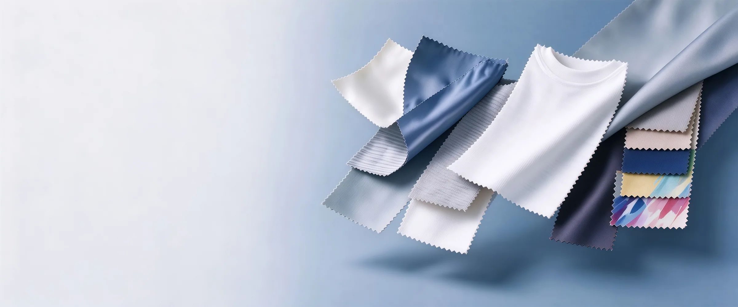 Fabric swatches with pinked edges in white, blue, grey and printed colours