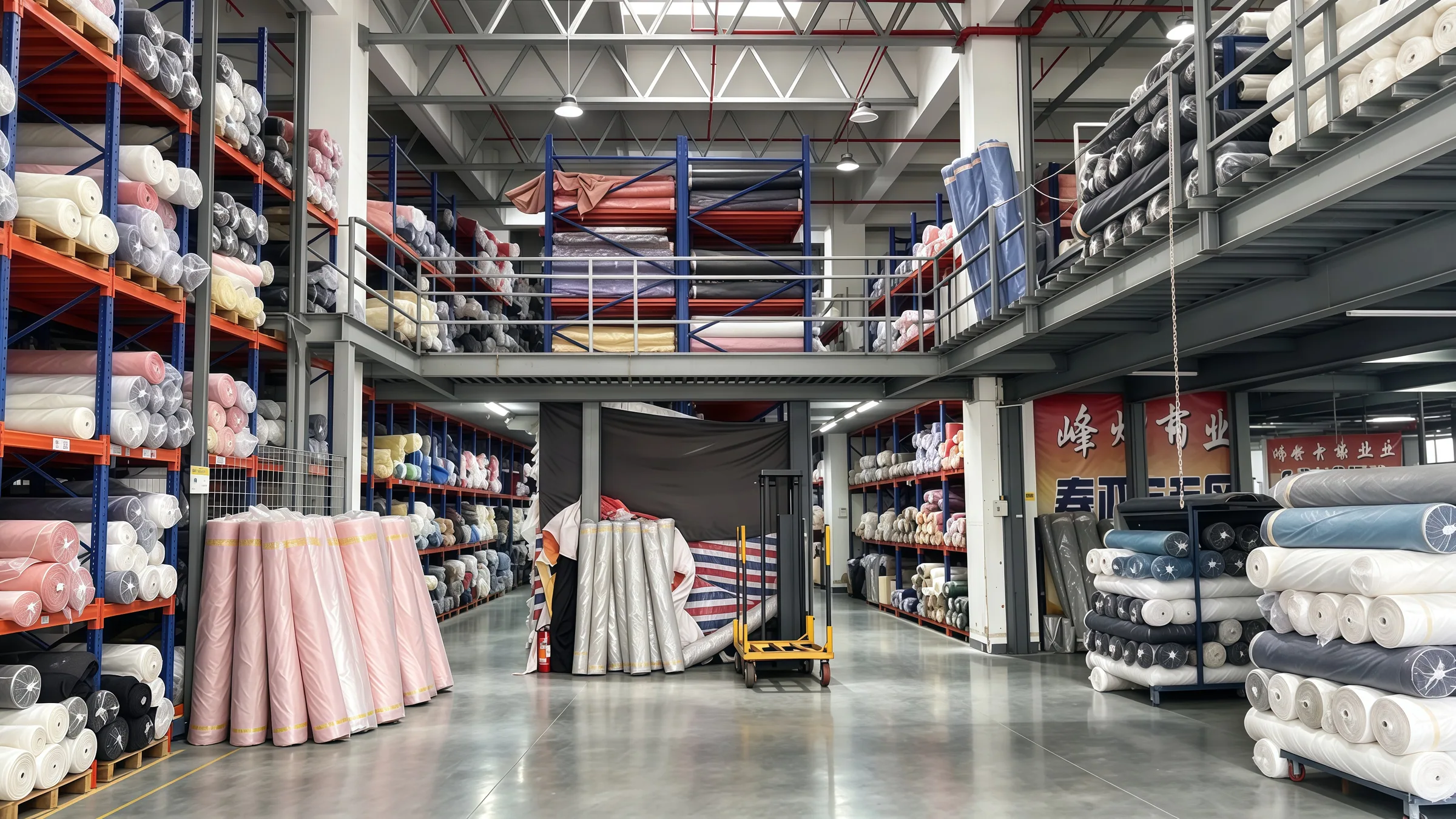 Racks and stacks of fabric rolls inside a warehouse hall