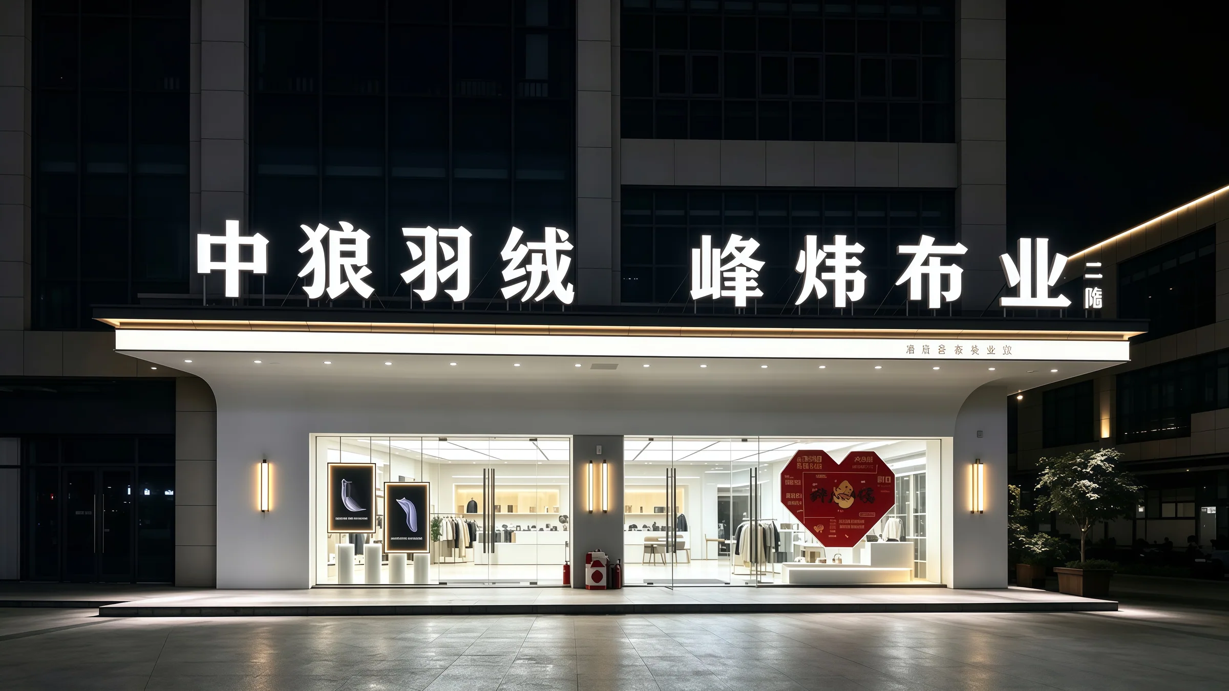 Illuminated shop front at night with the FengWei name above the entrance