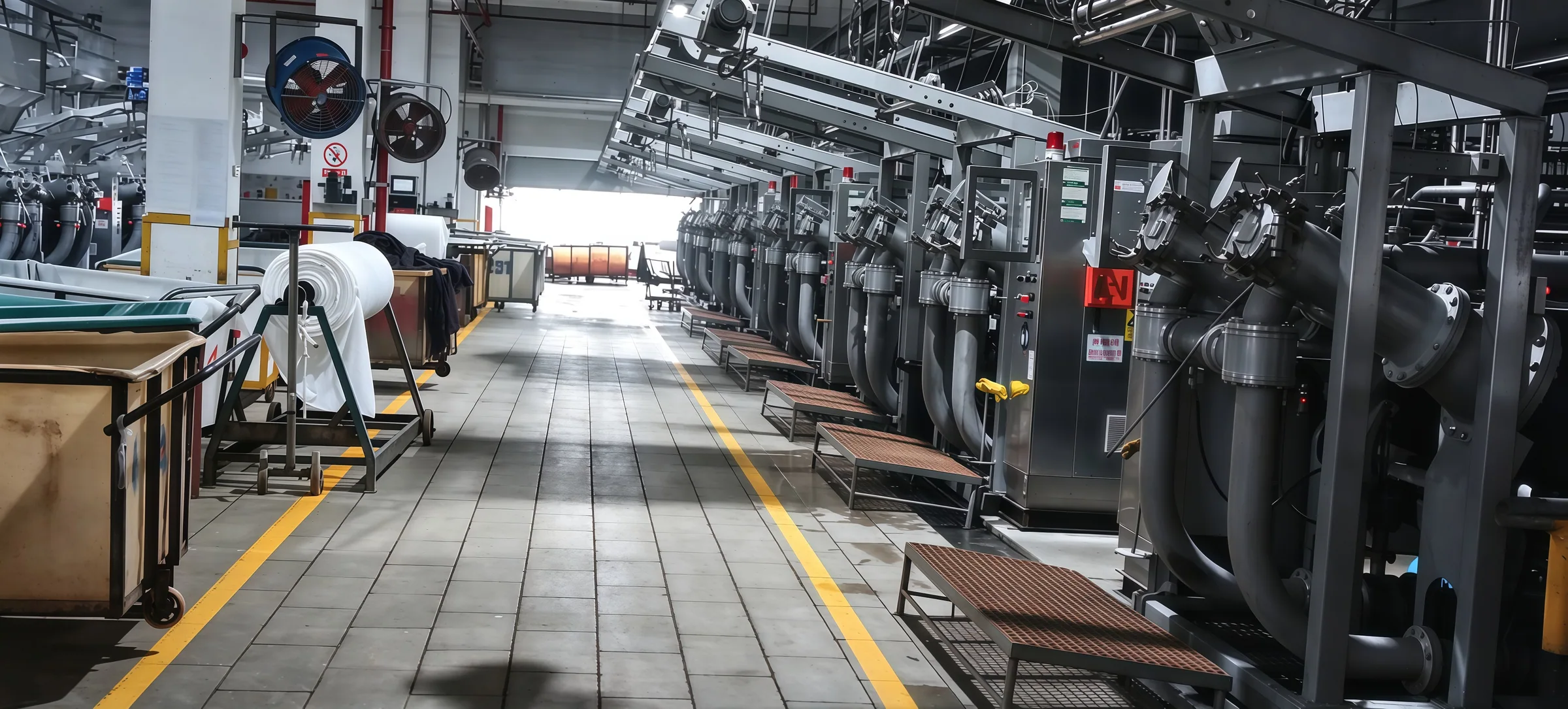 Aisle of a fabric processing workshop with machinery and fabric trolleys