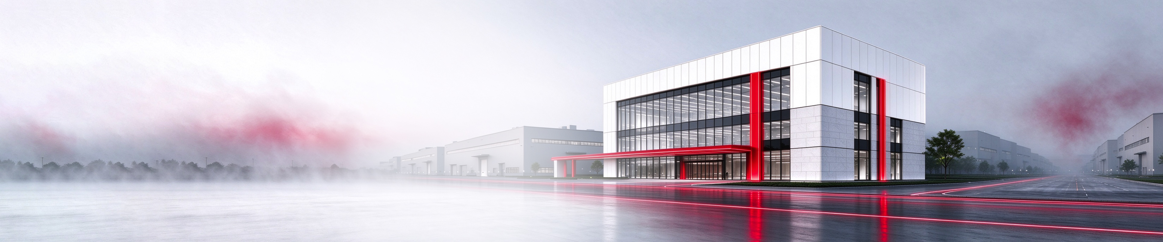 Illustration of a white modern building with red accents standing in morning mist beside a wet road