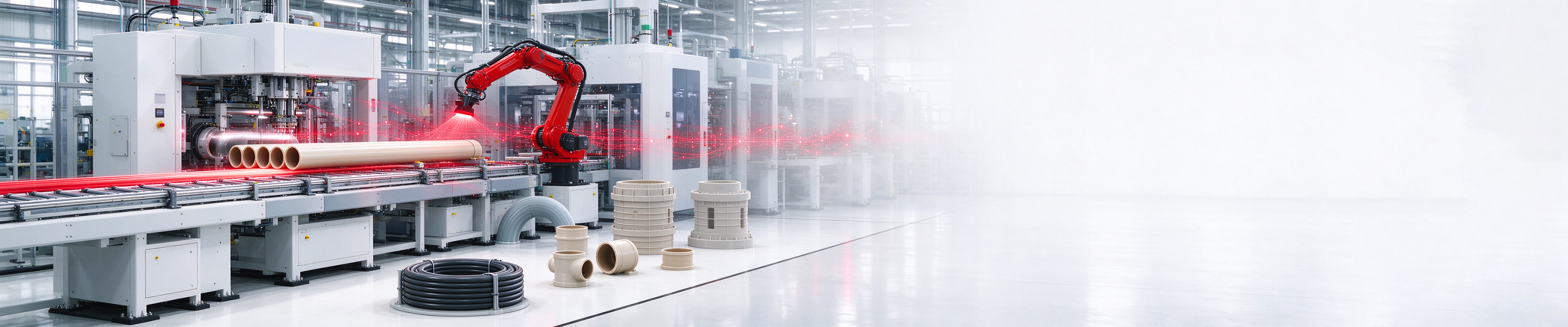 Illustration of an automated production line with a red robotic arm, beige pipes, fittings and a coil of black pipe on a bright floor
