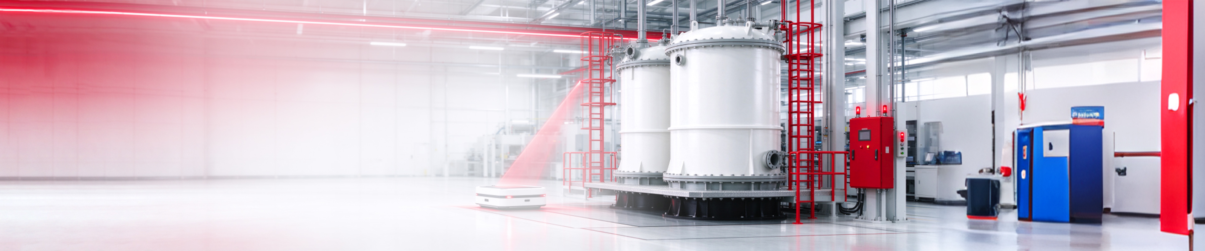 Illustration of two large white vertical tanks with red access ladders and a red control cabinet in a bright industrial hall