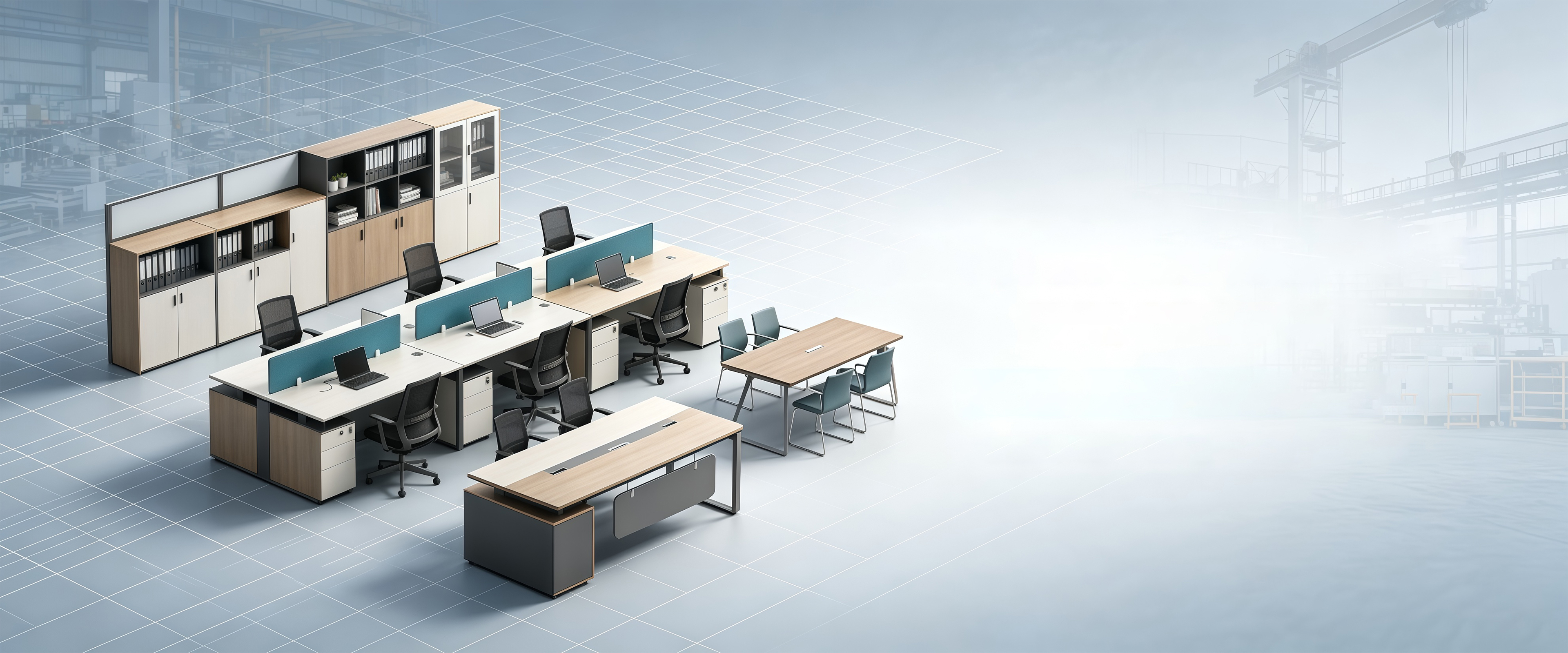 Illustrated bright office scene with workstations and meeting table