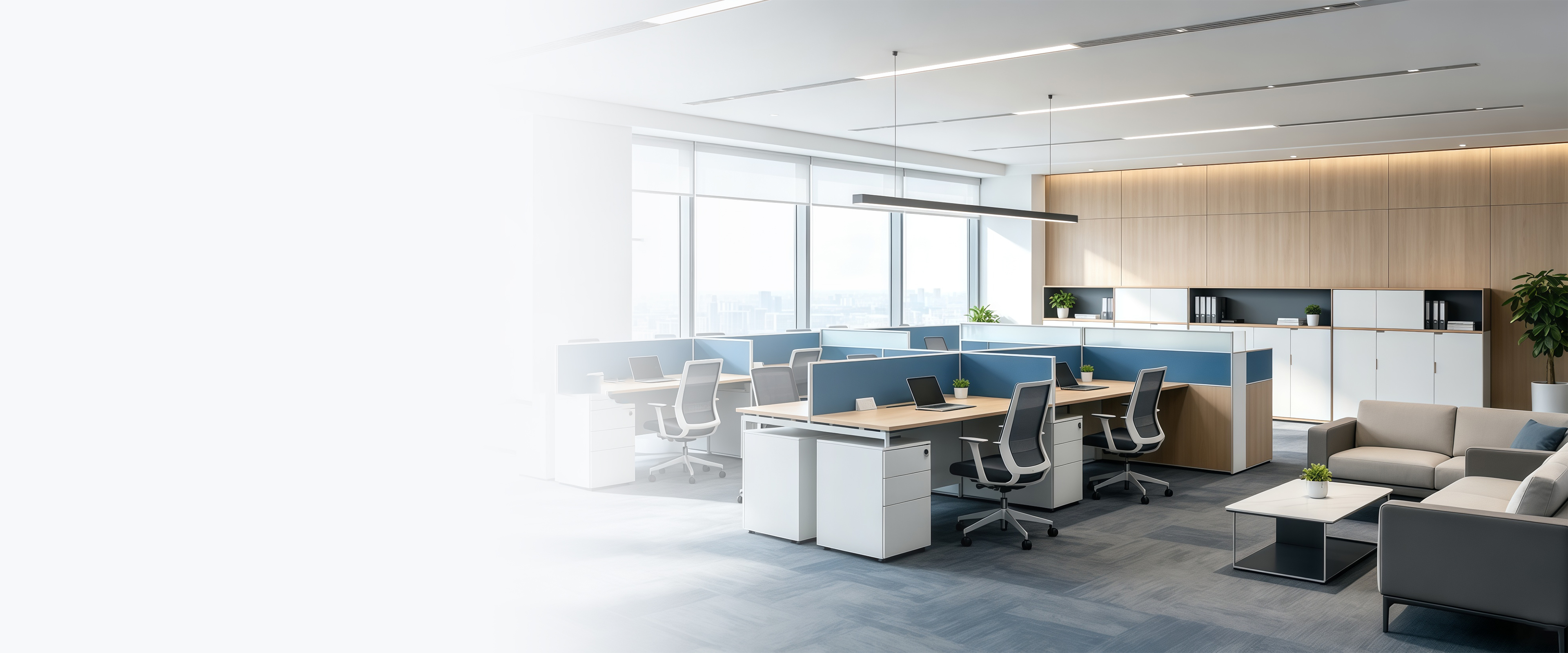 Illustrated open-plan office with workstations, chairs and storage