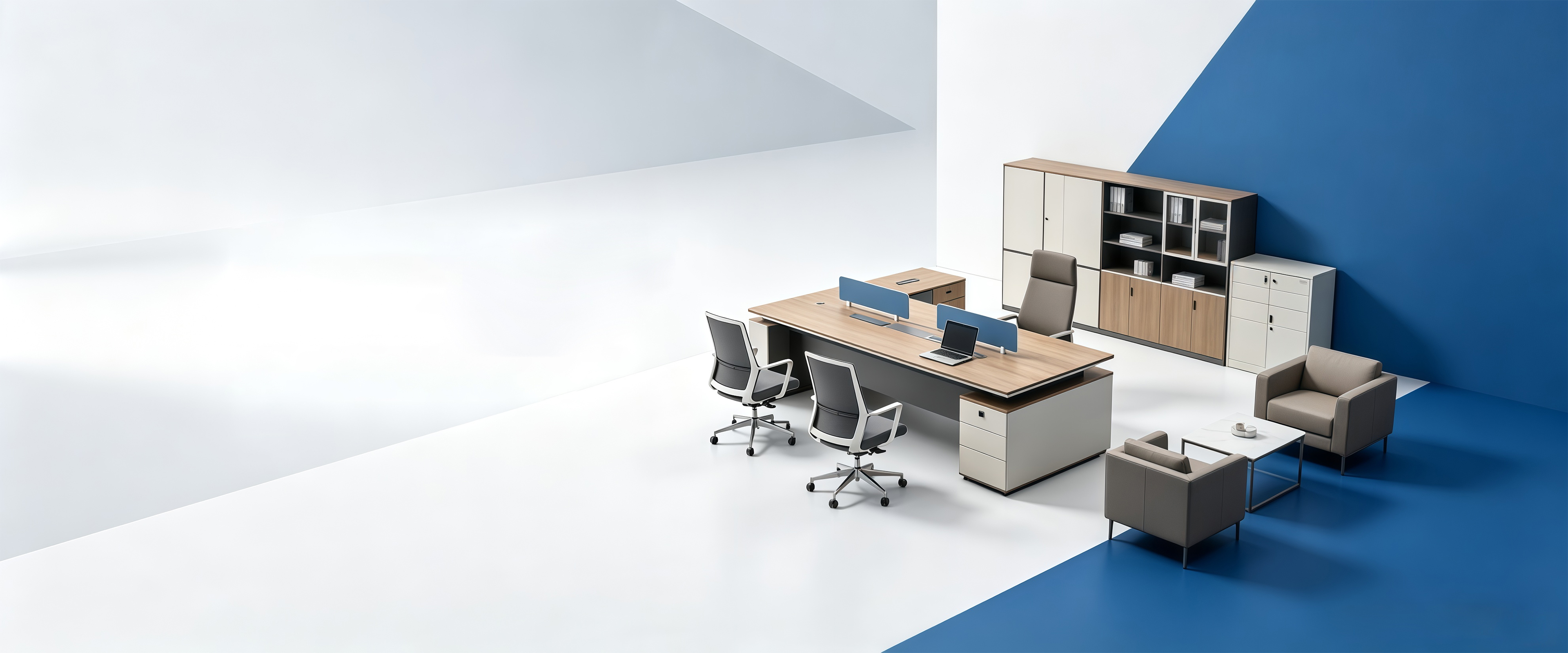 Illustrated executive desk, chairs and storage wall