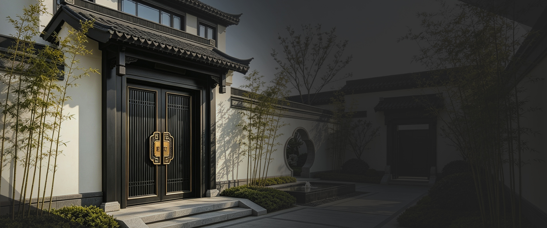 Traditional courtyard entrance with a dark timber-look double door and brass hardware among bamboo