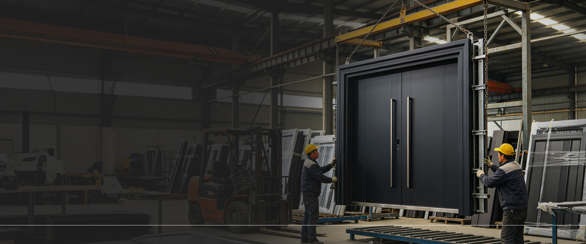 Factory technicians lifting a large finished dark villa door with an overhead crane in the workshop