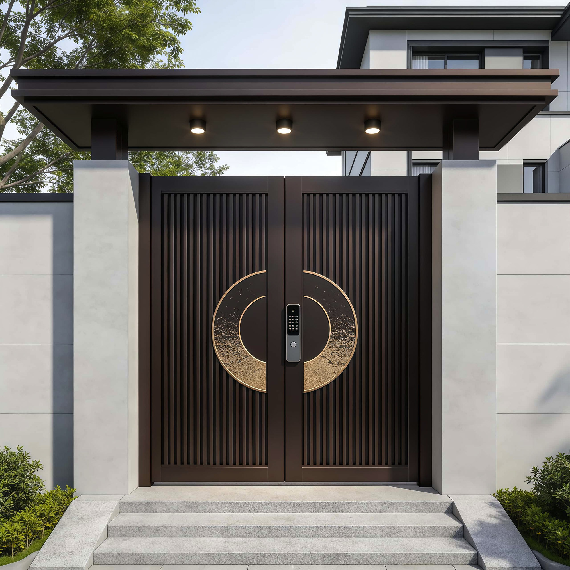 Aluminum Art Gate Series — Slatted pivot gates with keypad entry